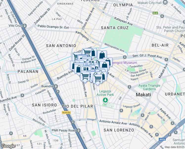 map of restaurants, bars, coffee shops, grocery stores, and more near 2 Amorsolo Street in Makati