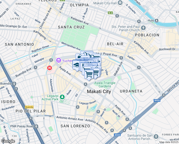 map of restaurants, bars, coffee shops, grocery stores, and more near 130 L.P. Leviste Street in Makati City