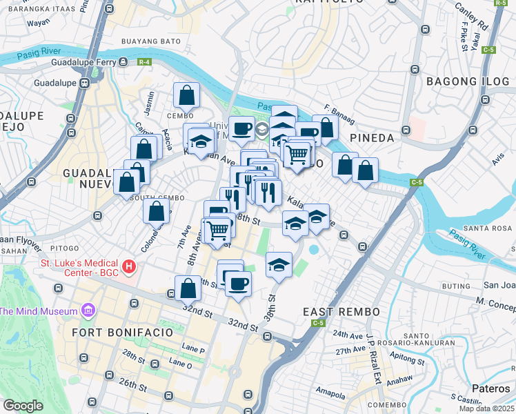 map of restaurants, bars, coffee shops, grocery stores, and more near 11th Avenue in Taguig