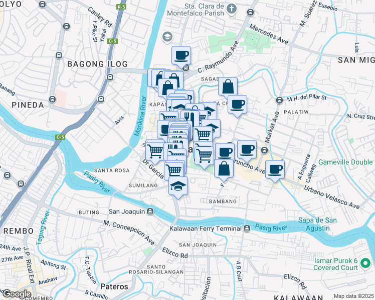 map of restaurants, bars, coffee shops, grocery stores, and more near Justice Ramon Jabson St., Malinao R. Jabson St in Pasig City