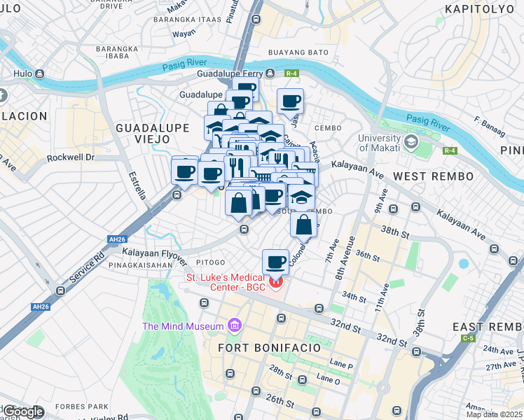map of restaurants, bars, coffee shops, grocery stores, and more near  in Makati