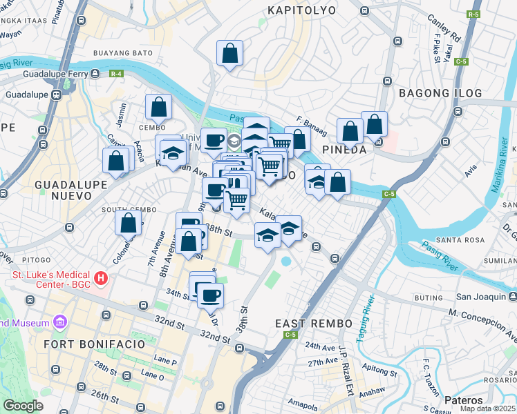 map of restaurants, bars, coffee shops, grocery stores, and more near 167 Pili Block 5 Pili Avenue in Makati City