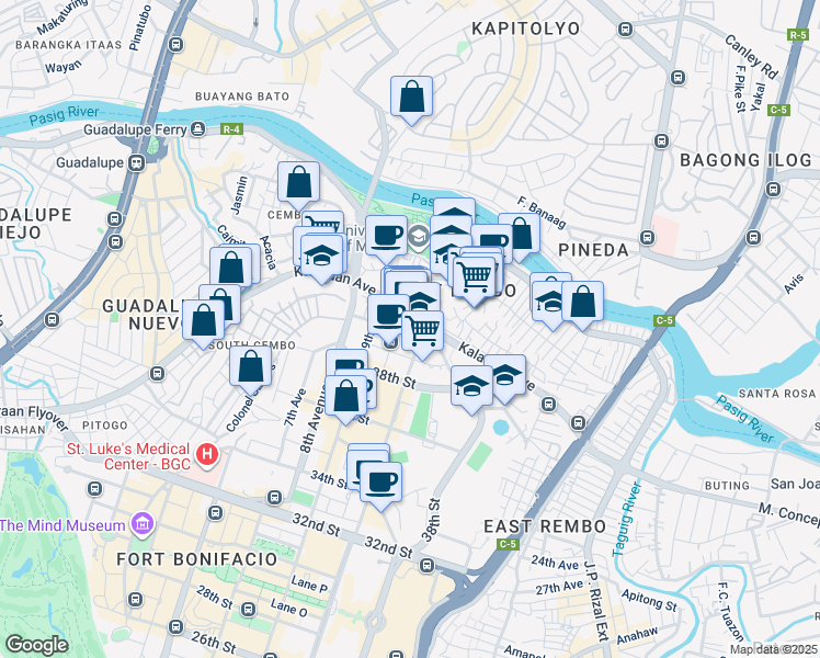 map of restaurants, bars, coffee shops, grocery stores, and more near 10th Avenue in Taguig