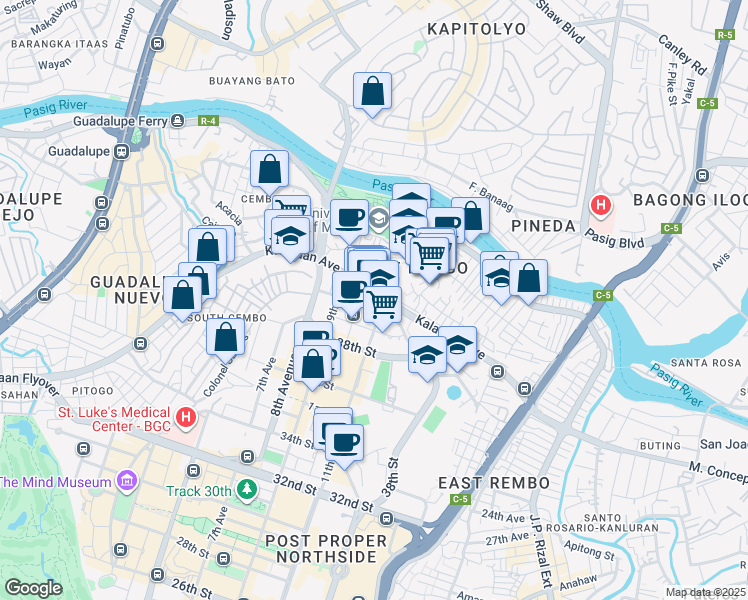 map of restaurants, bars, coffee shops, grocery stores, and more near 10th Avenue in Taguig