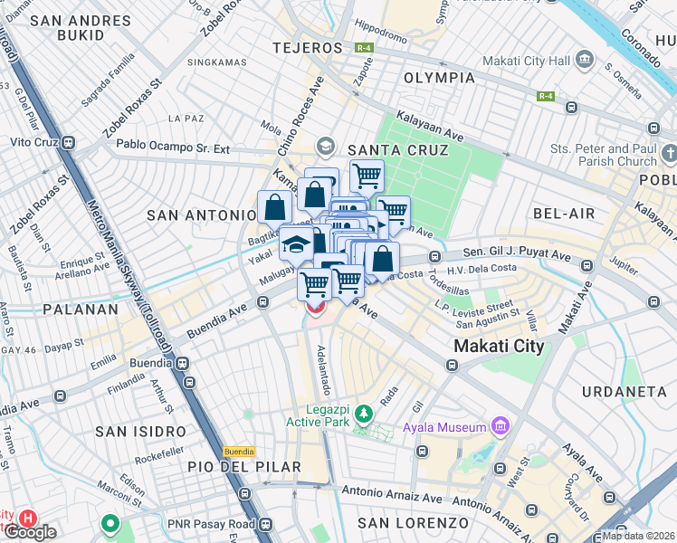 map of restaurants, bars, coffee shops, grocery stores, and more near Buendia Avenue in Makati