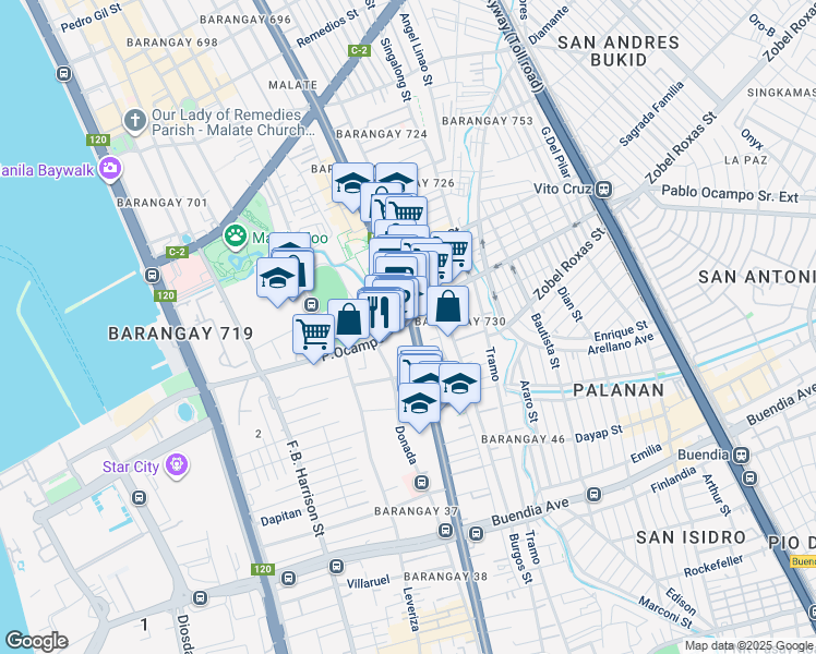 map of restaurants, bars, coffee shops, grocery stores, and more near 952 Juan Luna Street in Manila