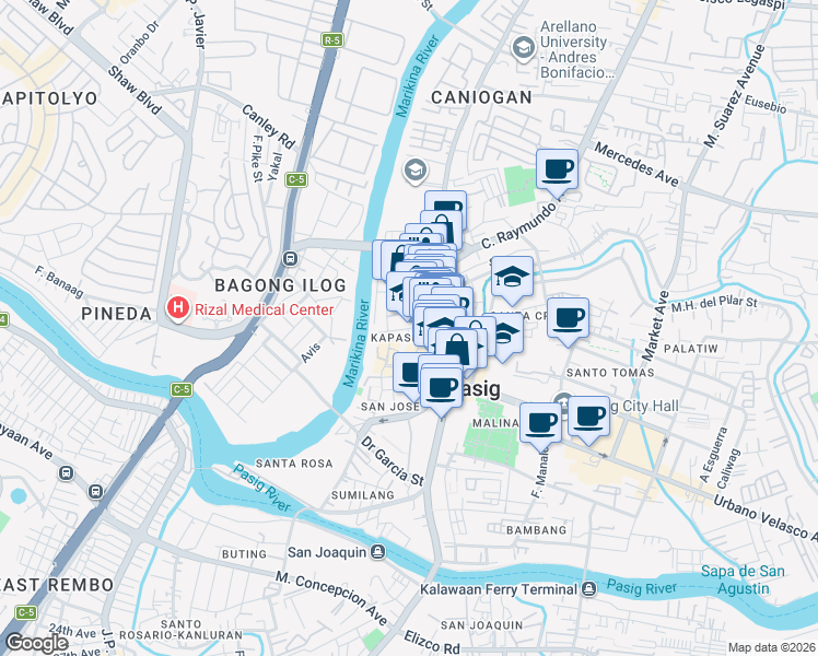 map of restaurants, bars, coffee shops, grocery stores, and more near Blumentritt Street in Pasig City