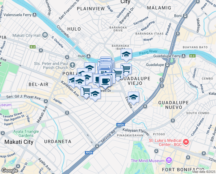map of restaurants, bars, coffee shops, grocery stores, and more near 21/F Plaza Drive in Makati