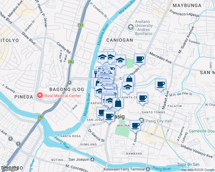 map of restaurants, bars, coffee shops, grocery stores, and more near Dr Maldo del Rosario in Pasig City