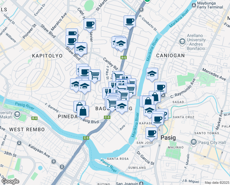 map of restaurants, bars, coffee shops, grocery stores, and more near 3 Eulogio Rodriguez Jr. Avenue in Pasig