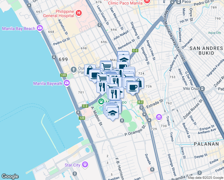 map of restaurants, bars, coffee shops, grocery stores, and more near Leveriza in Manila