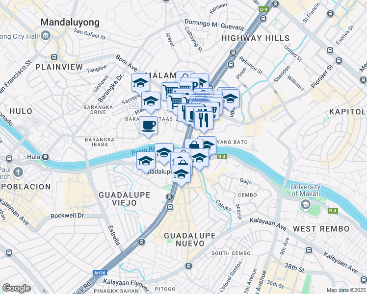 map of restaurants, bars, coffee shops, grocery stores, and more near 3 Epifanio de los Santos Avenue in Mandaluyong