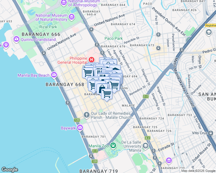 map of restaurants, bars, coffee shops, grocery stores, and more near in Manila