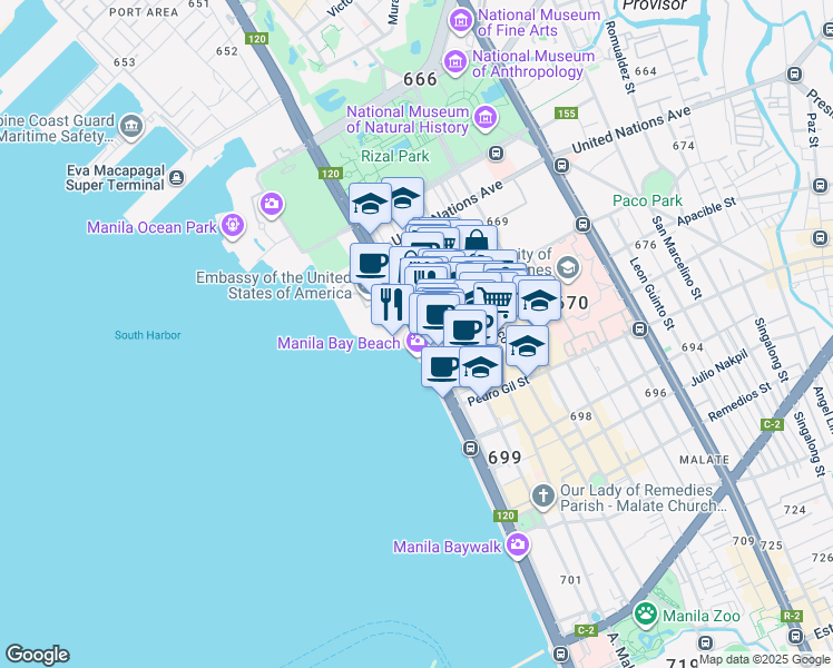 map of restaurants, bars, coffee shops, grocery stores, and more near 1300 Roxas Boulevard in Manila