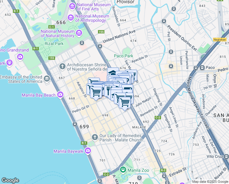 map of restaurants, bars, coffee shops, grocery stores, and more near 623 Pedro Gil Street in Manila