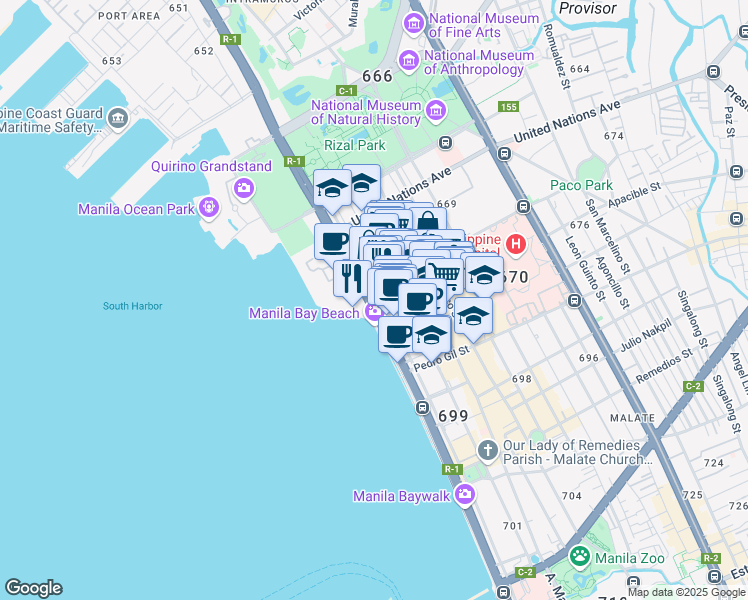 map of restaurants, bars, coffee shops, grocery stores, and more near 1300 Roxas Boulevard in Manila