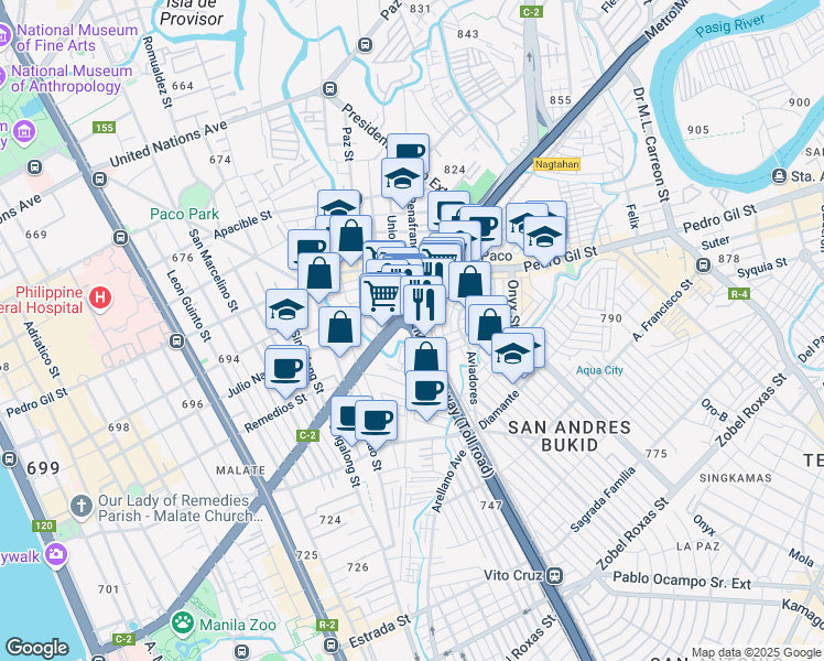 map of restaurants, bars, coffee shops, grocery stores, and more near 1203 Radial Road 2 in Manila