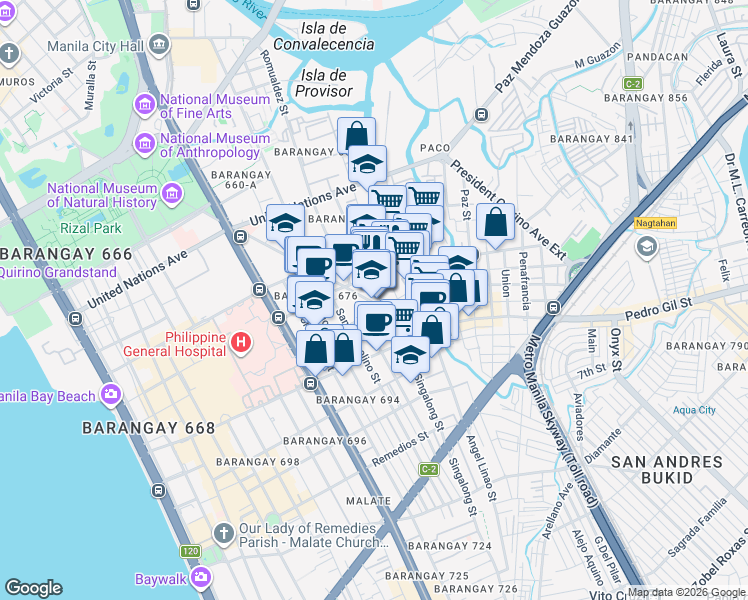 map of restaurants, bars, coffee shops, grocery stores, and more near 1466 General Luna Street in Manila