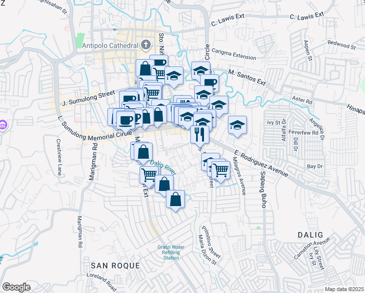 map of restaurants, bars, coffee shops, grocery stores, and more near I. Tapales Street in Antipolo City