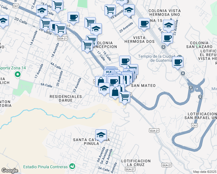 map of restaurants, bars, coffee shops, grocery stores, and more near 2505 20 Calle in Ciudad de Guatemala