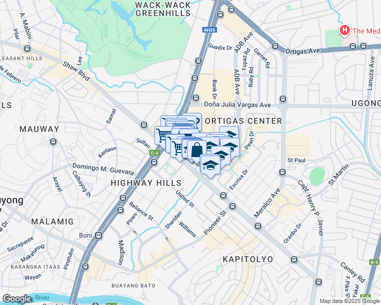 map of restaurants, bars, coffee shops, grocery stores, and more near Shaw Boulevard in Mandaluyong