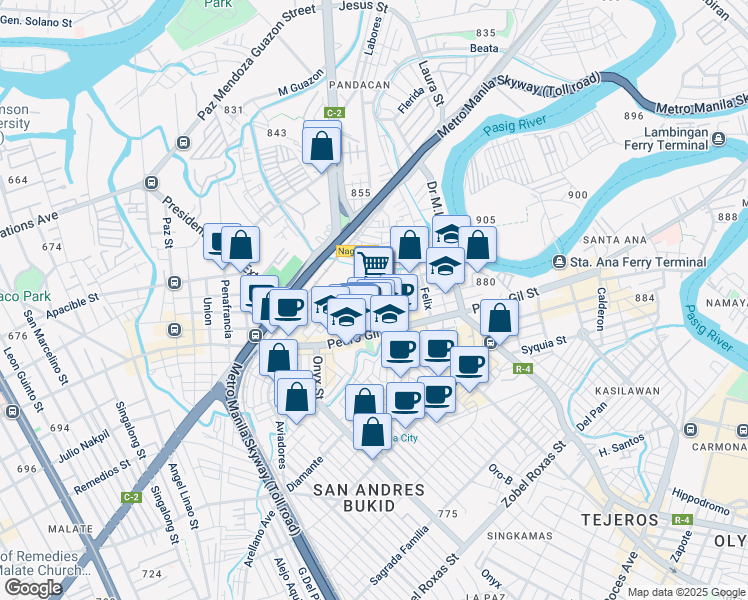 map of restaurants, bars, coffee shops, grocery stores, and more near Santa Maria in City Of Manila