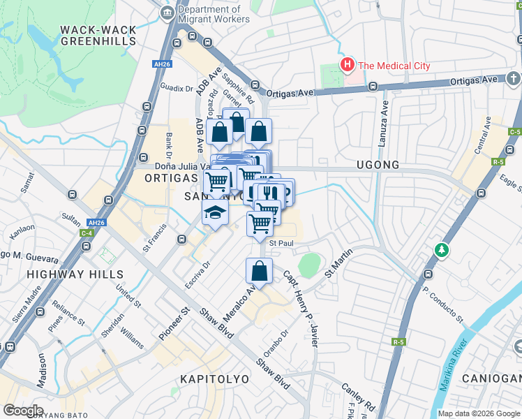 map of restaurants, bars, coffee shops, grocery stores, and more near Meralco Avenue in Pasig