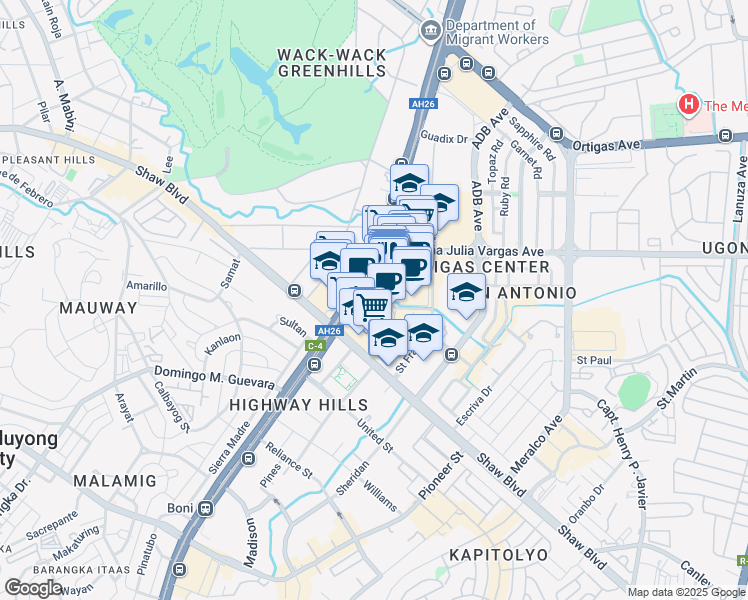 map of restaurants, bars, coffee shops, grocery stores, and more near 1 Garden Way in Pasig