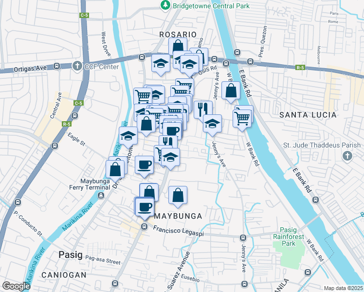 map of restaurants, bars, coffee shops, grocery stores, and more near 3 Opal in Pasig