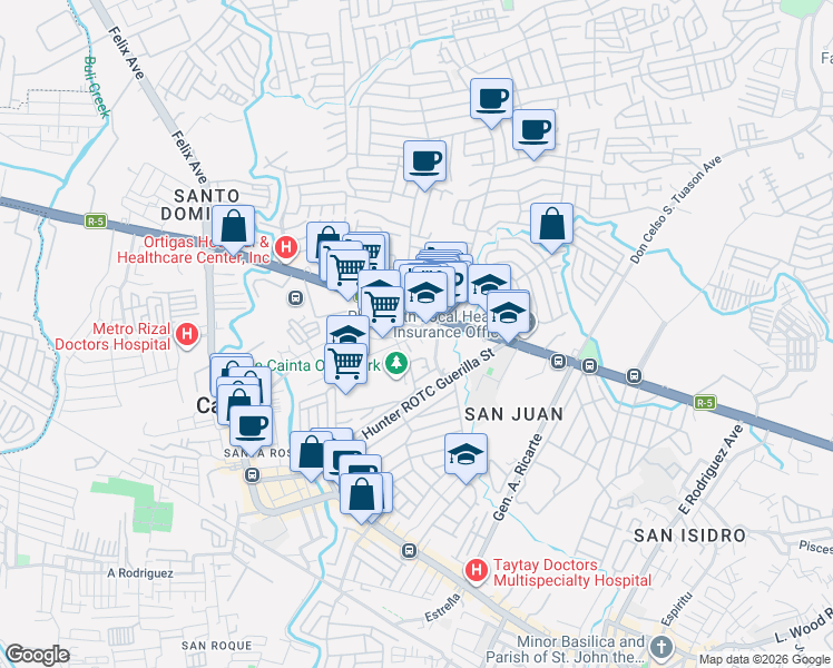 map of restaurants, bars, coffee shops, grocery stores, and more near Joy Cir in Cainta