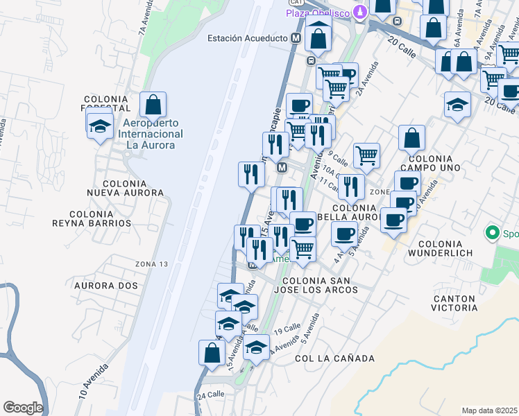 map of restaurants, bars, coffee shops, grocery stores, and more near 14-72 15 Avenida in Ciudad de Guatemala
