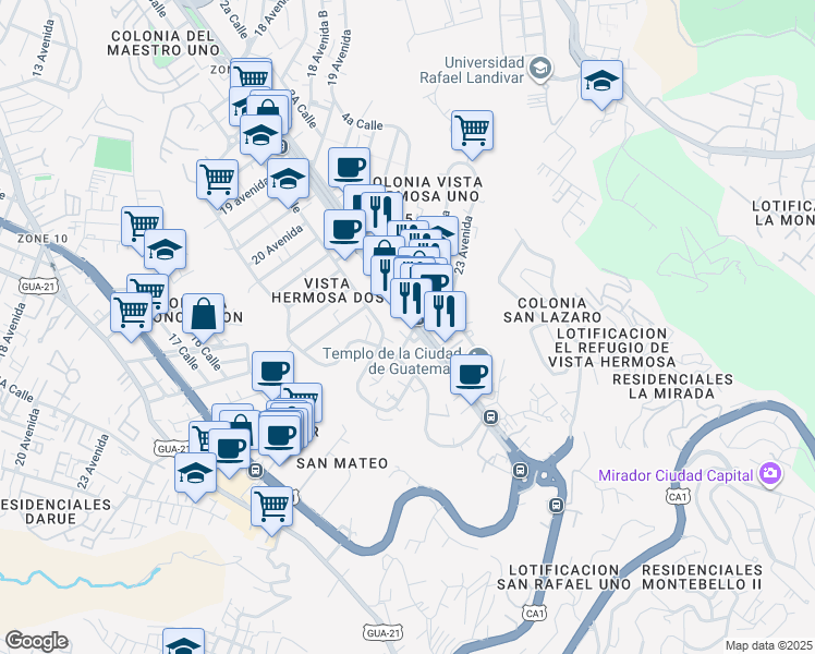 map of restaurants, bars, coffee shops, grocery stores, and more near 2 Boulevard Vista Hermosa in Ciudad de Guatemala