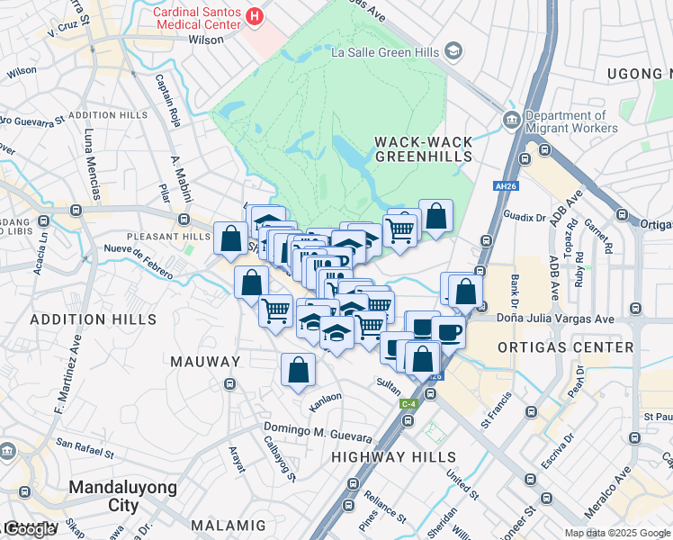 map of restaurants, bars, coffee shops, grocery stores, and more near 567 Old Wack Wack Road in Mandaluyong