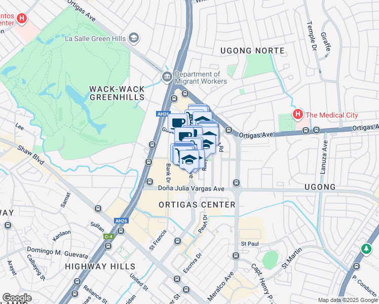 map of restaurants, bars, coffee shops, grocery stores, and more near ADB Avenue in Pasig