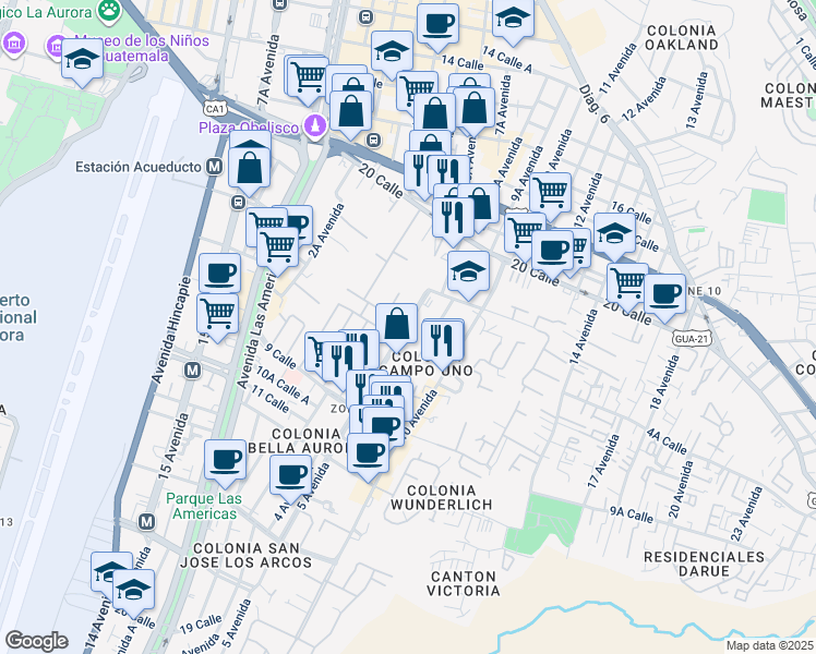 map of restaurants, bars, coffee shops, grocery stores, and more near 3 calle 5 Avenida in Ciudad de Guatemala