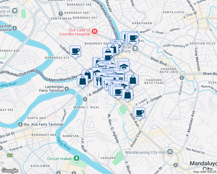 map of restaurants, bars, coffee shops, grocery stores, and more near 190 Rt. Rev. G. Aglipay in Mandaluyong City