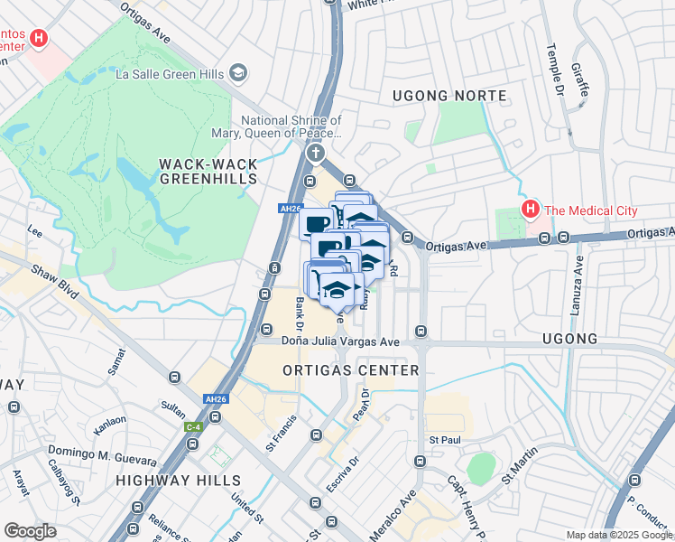 map of restaurants, bars, coffee shops, grocery stores, and more near ADB Avenue in Pasig