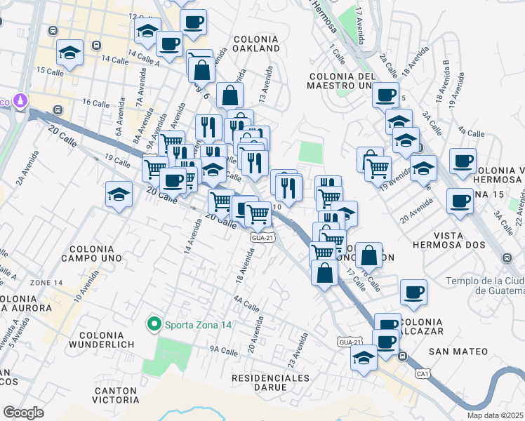 map of restaurants, bars, coffee shops, grocery stores, and more near 25 18 Calle in Ciudad de Guatemala