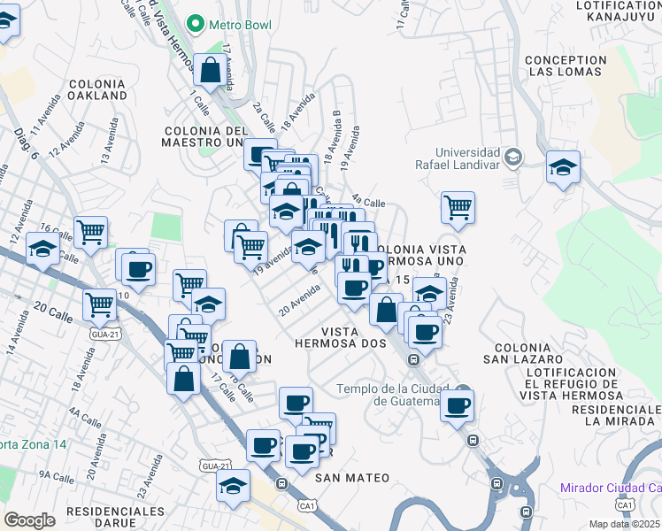 map of restaurants, bars, coffee shops, grocery stores, and more near 2 Boulevard Vista Hermosa in Ciudad de Guatemala