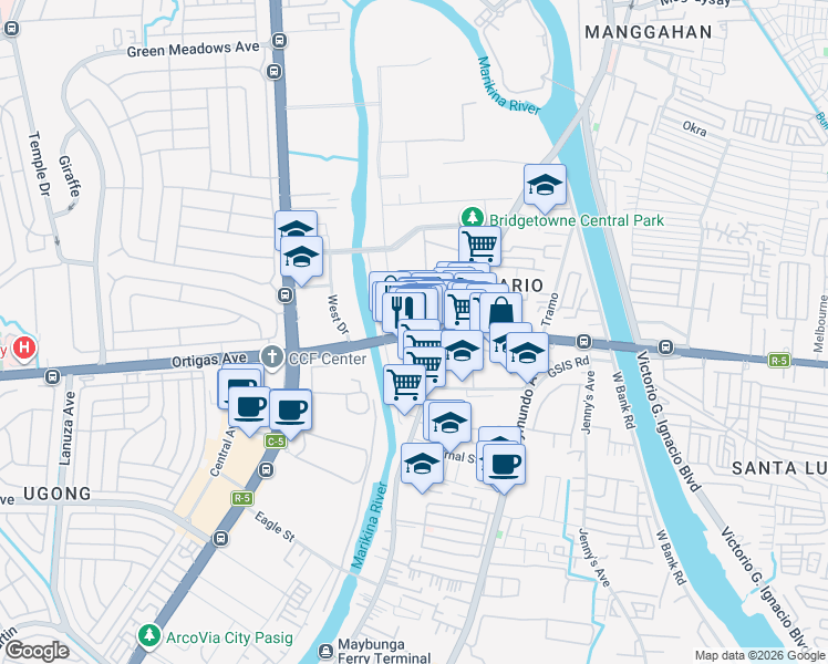 map of restaurants, bars, coffee shops, grocery stores, and more near Rosario Bridge Underpass in Pasig City