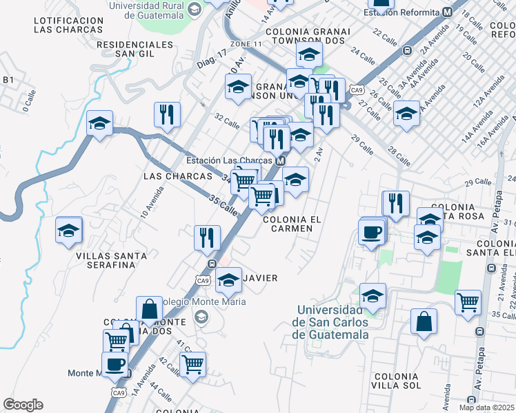 map of restaurants, bars, coffee shops, grocery stores, and more near 35 Calzada Aguilar Batres in Ciudad de Guatemala