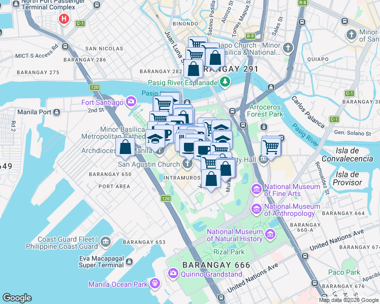 map of restaurants, bars, coffee shops, grocery stores, and more near  in Manila