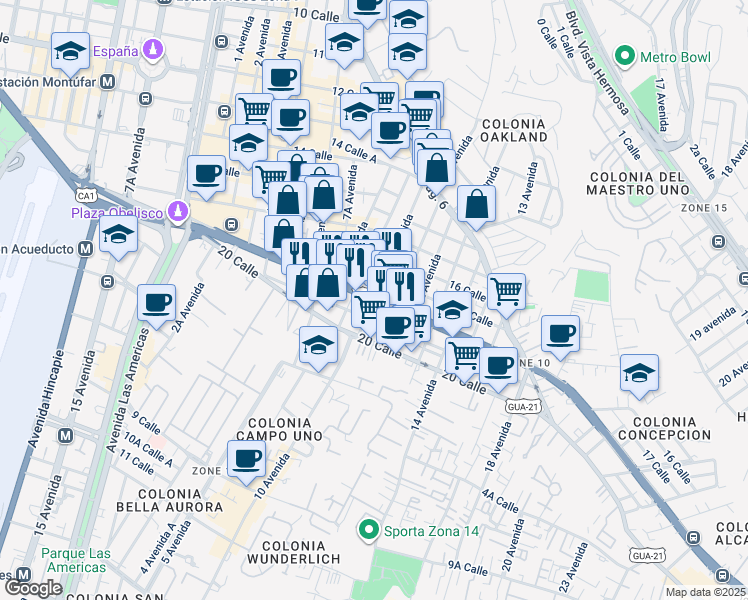 map of restaurants, bars, coffee shops, grocery stores, and more near 18 Calle in Guatemala City