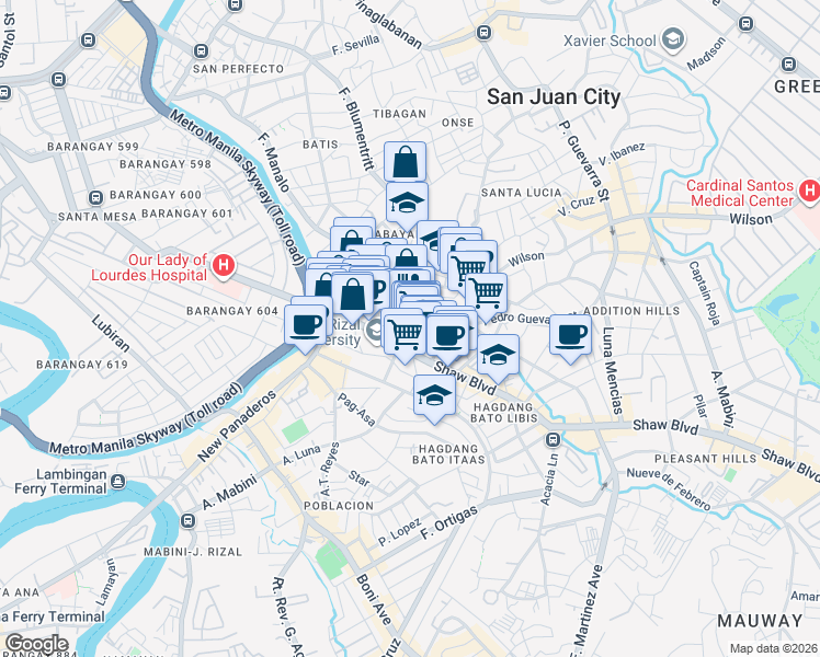 map of restaurants, bars, coffee shops, grocery stores, and more near Magalona St in Mandaluyong City