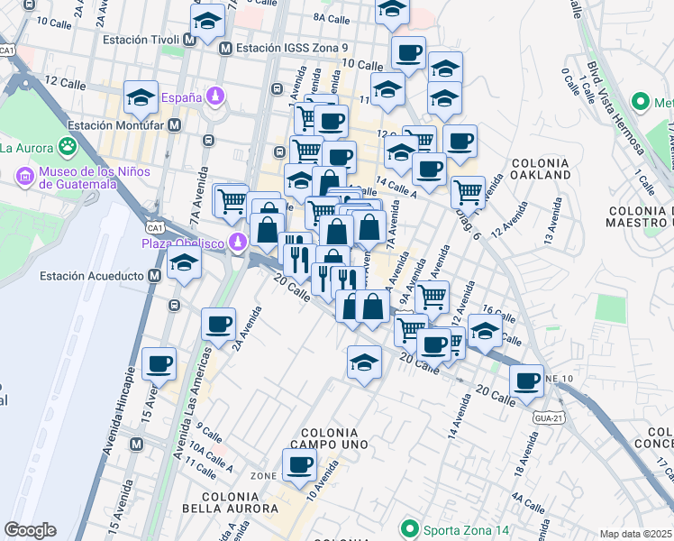 map of restaurants, bars, coffee shops, grocery stores, and more near 16-62 5 Avenida in Ciudad de Guatemala