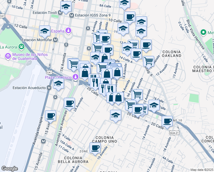 map of restaurants, bars, coffee shops, grocery stores, and more near 16-62 5 Avenida in Ciudad de Guatemala