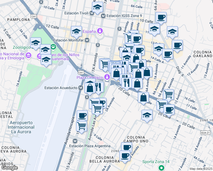 map of restaurants, bars, coffee shops, grocery stores, and more near in Guatemala City