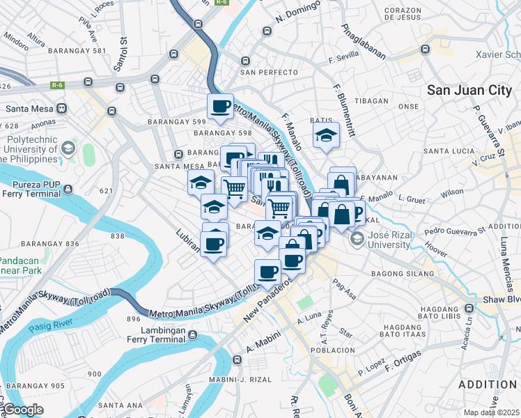 map of restaurants, bars, coffee shops, grocery stores, and more near 46 P. Sanchez Street in Manila