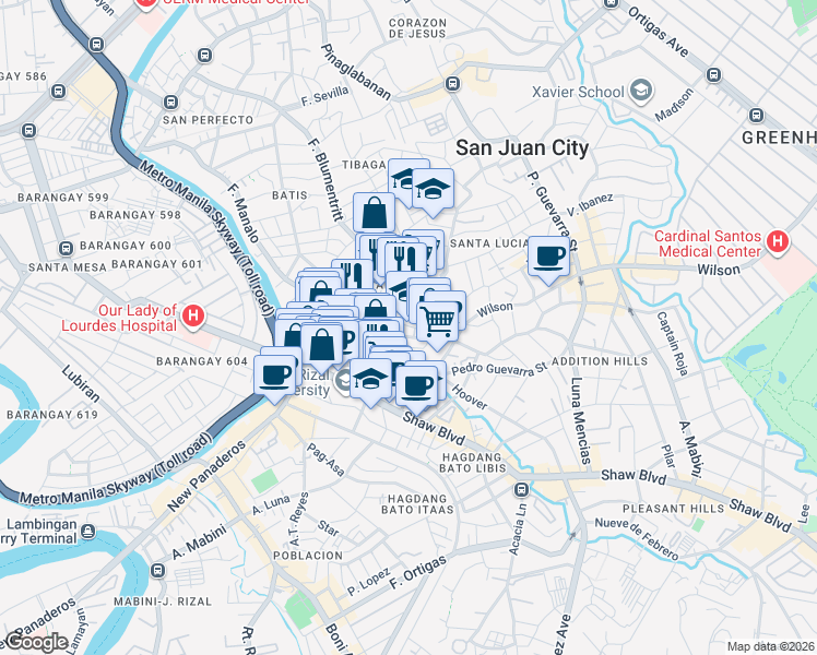 map of restaurants, bars, coffee shops, grocery stores, and more near Aurora in San Juan City