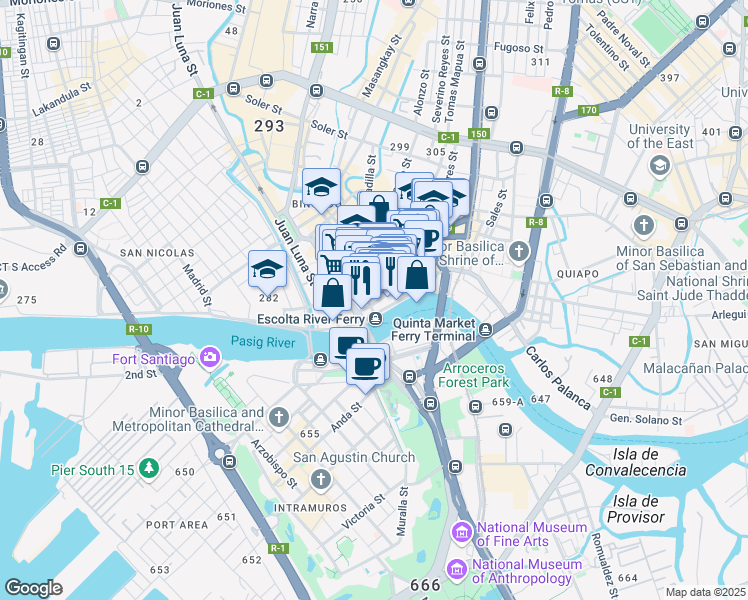map of restaurants, bars, coffee shops, grocery stores, and more near 320 Yuchengco Street in Manila